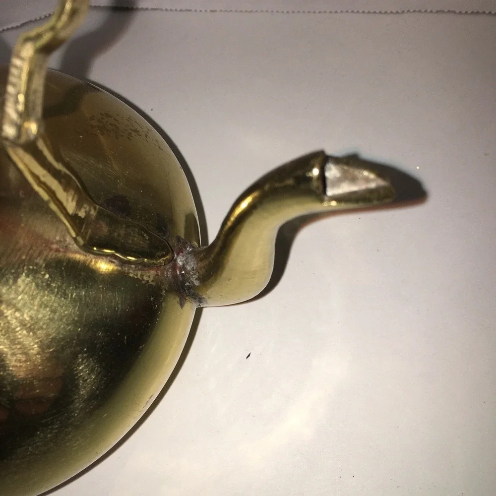 Vintage Decorative Use Only Collectible Brass Finish Tea Kettle With Wood Handle